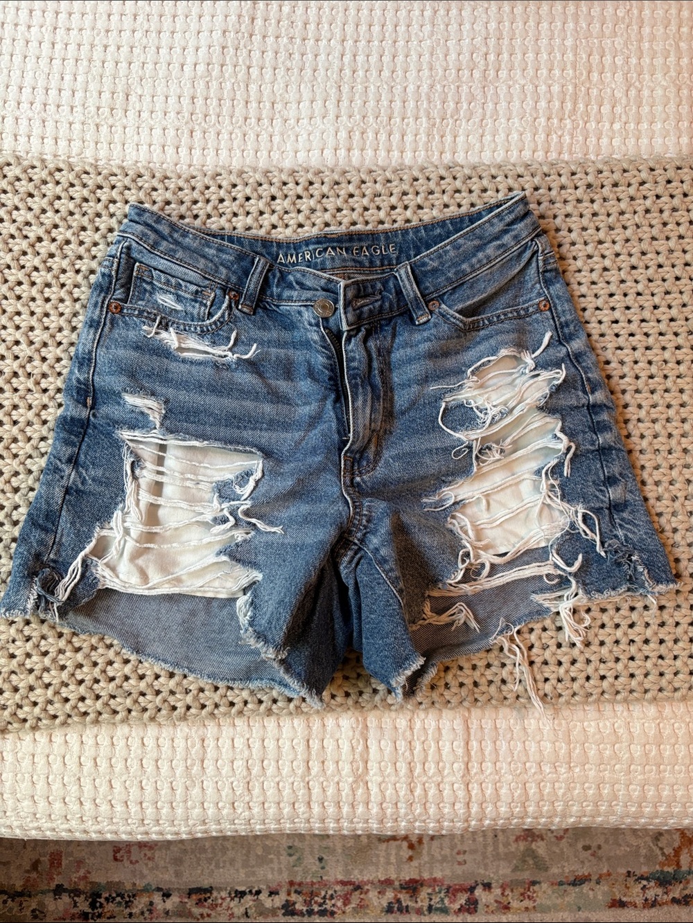 American Eagle Curvy Fit Ripped Blue Denim Shorts